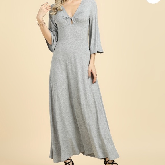 Suzanne Betro Dresses & Skirts - Heather Grey Knot-Detail Maxi, Elbow Sleeve